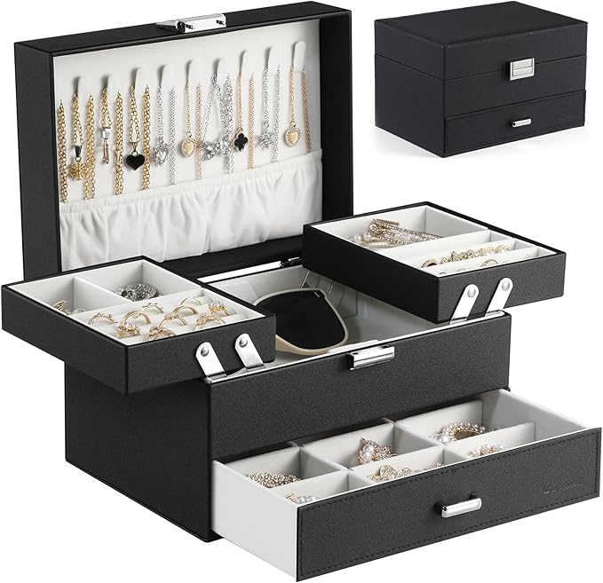 Dajasan Jewelry Organizer Box, Large Jewelry Boxes for Women Girls, Space-Saving 3 Layers Jewelry Storage Case with Drawer, Movable Metal Stand, Modern, Gift Idea (Black)