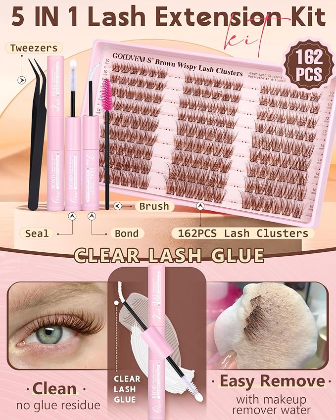 Goddvenus Brown Wispy Lash Clusters Kit Natural Cluster Eyelash Extensions Kit False Eyelashes Clusters Fluffy DIY Individual Lash Extensions Kit C Curl