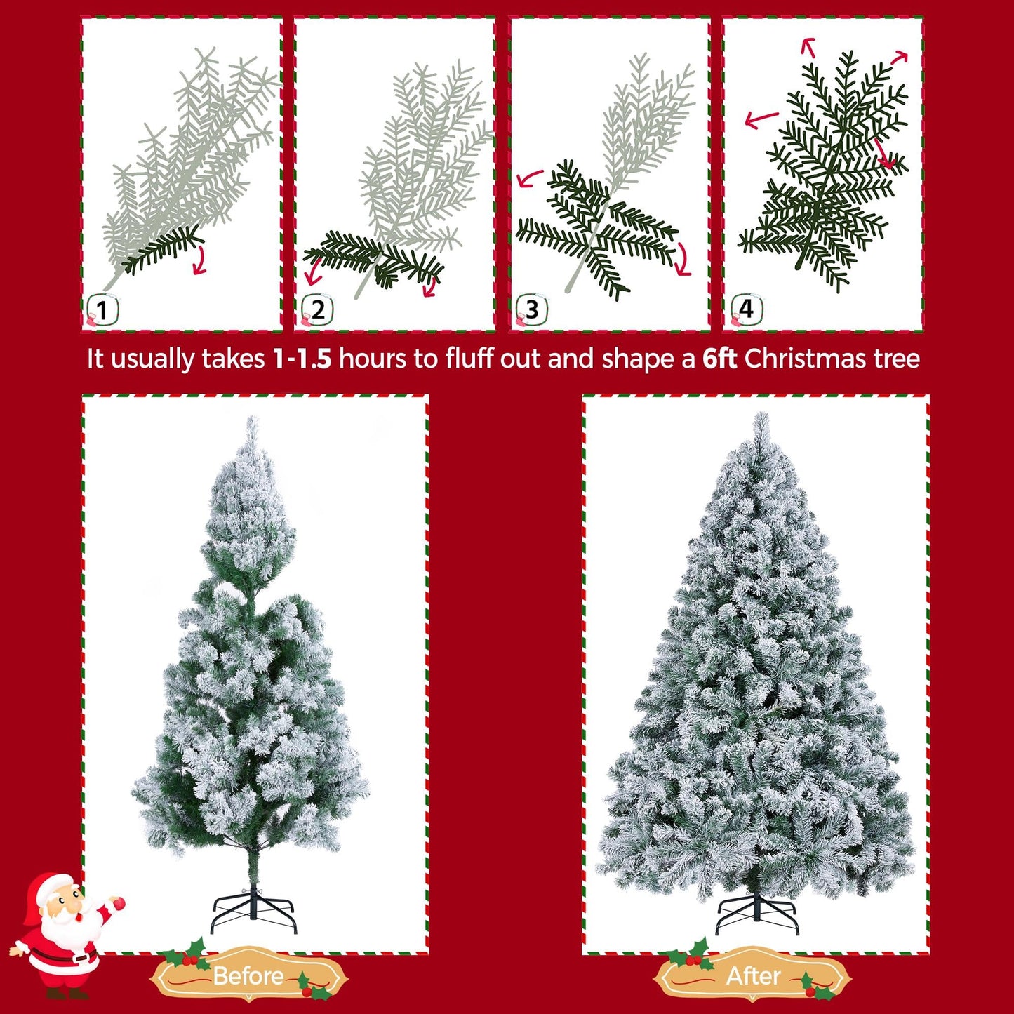 Yaheetech 6ft Pre-lit Artificial Christmas Tree with Incandescent Warm White Lights, Snow Flocked Full Prelighted Xmas Tree W/820 Branch Tips, 250 Incandescent Lights & Foldable Stand, Green & White