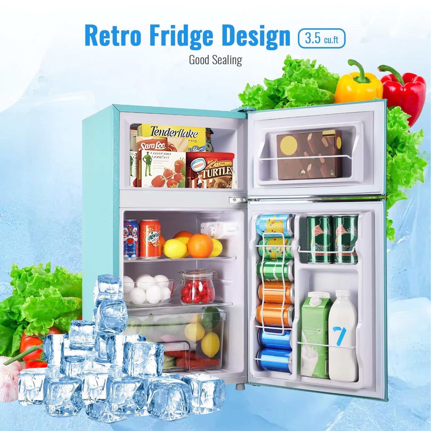 WANAI 3.5 Cu.ft Retro Mini Fridge with Freezer Small Retro Dual Door Refrigerator Freestanding Compact Refrigerator with Freezer 2 Door Mini Fridge for Bedroom, Dorm, Office Blue