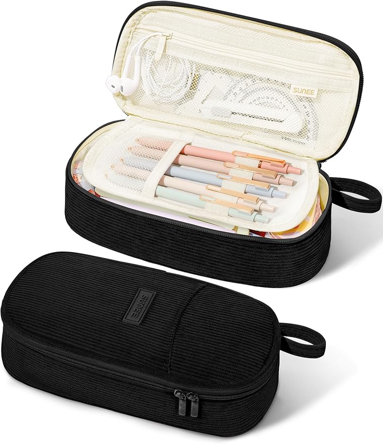 SUNEE Cute Pencil Case, Large Pencil Pouch, Soft Corduroy Aesthetic Big Pencil Bag with Zipper, Kawaii Stationery Storage and Organizer, School Supplies for Teen and Adult, Boys&Girls, Coal Black