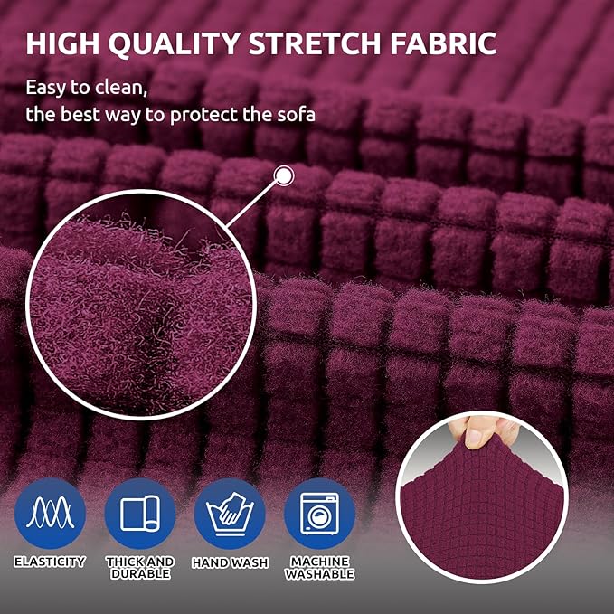 KEKUOU Stretch Sofa Cover Slipcover ，Couch Covers for 3 Cushion Couch Sofa pet Friendly (78"-94") Furniture Protector Sofa with Elastic Bottom for Kids,Dog, Jacquard Small Checked(Large,Wine)