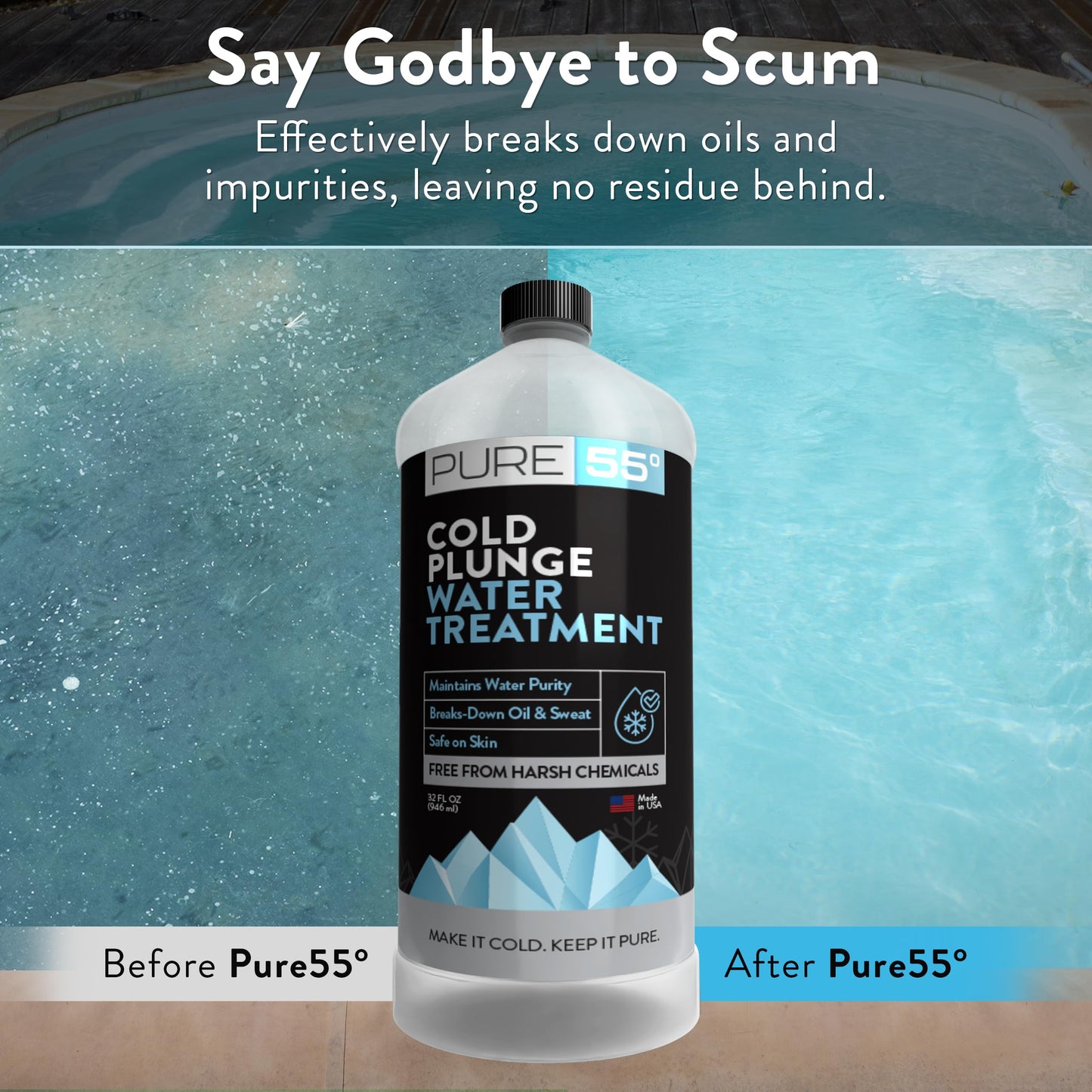 3in1 Cold Plunge Water Treatment, Weekly Natural Ice Plunge Stabilizer & Clarifier, Harsh Chemical Free, Fight Scum & Odors for Clear Waters - Pure55 Made in The USA (32 Fl Oz)