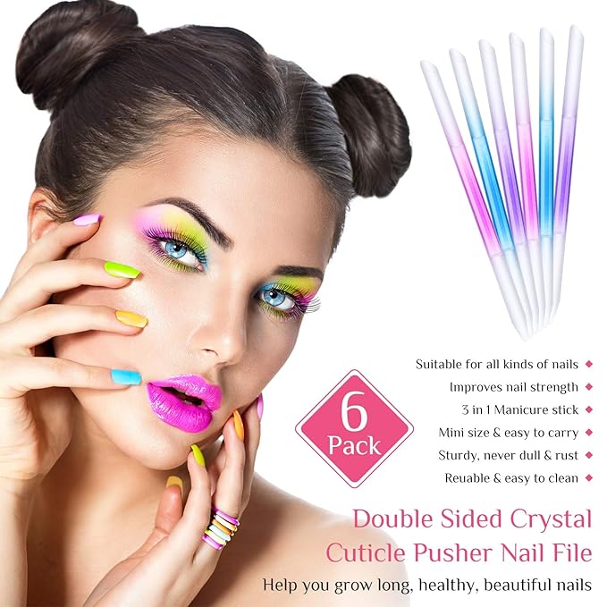 Maitys 6 Pieces Glass Cuticle Pusher Glass Cuticle Stick Set Double Sided Crystal Nail Files Precision Manicure Pedicure Pusher Tools(Pink, Blue, Purple)