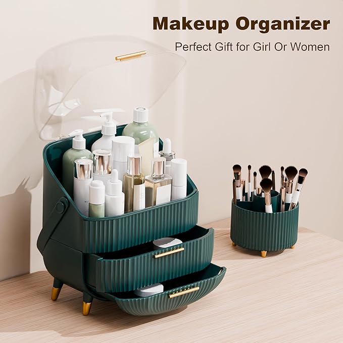 lurcns Makeup Organizers and Storage Make up Organizer for Vanity Cosmetics Skincare With Lid and Drawers Display Cases for Countertop Bathroom Women Teenager Girl Gifts(Dark Green+Brush Holder)