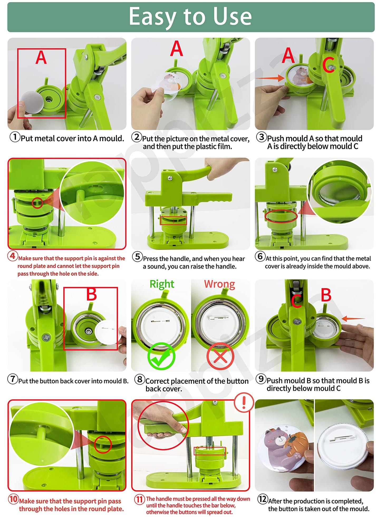 Happizza Button Maker Machine Multiple Sizes (4th Gen), Pin Maker 1+1.25+2.25 inch / 25+32+58mm, Badge Button Press Machine with Cutting Mat & 300 Sets Badge Making Supplies & Circle Cutter