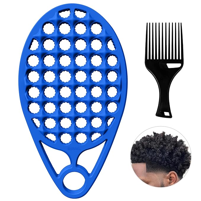 KOUPA Silicone Curly Hair Brush with Pick Comb, One Piece Twist Curl Brush Comb for Afro Curls, Washable Hair Tool for Men Women, Blue