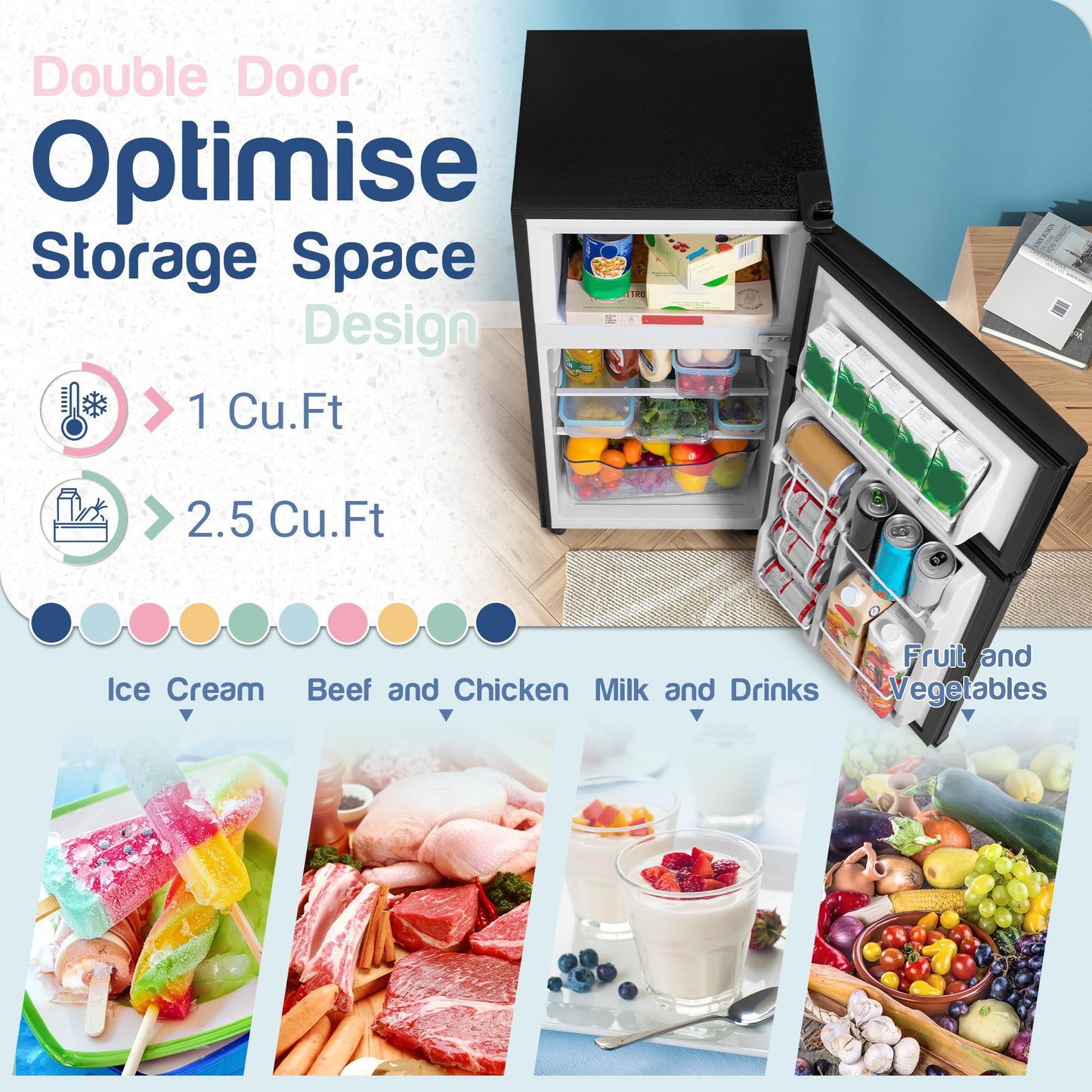 Tehanld Double Door Refrigerator with Freezer, 3.5 Cu.Ft, Small Fridge with Freezer, 7 Settings Temperature Adjustable, Mini Refrigerator for Office and Apartment Bedroom Dorm(3.5 Cu.Ft, Black)