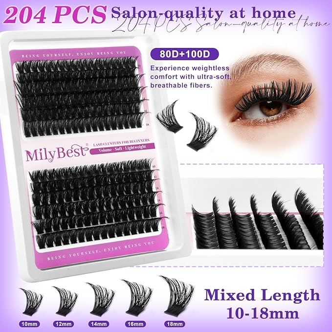 MilyBest 3 Styles Lash Clusters Kit Manga 636Pcs Eyelash Clusters Wispy Lashes Clusters D Curl Individual Cluster Lashes Natural 10-18mm False Eyelashes with Bond&Seal Spiky Lash Packs for Beginners