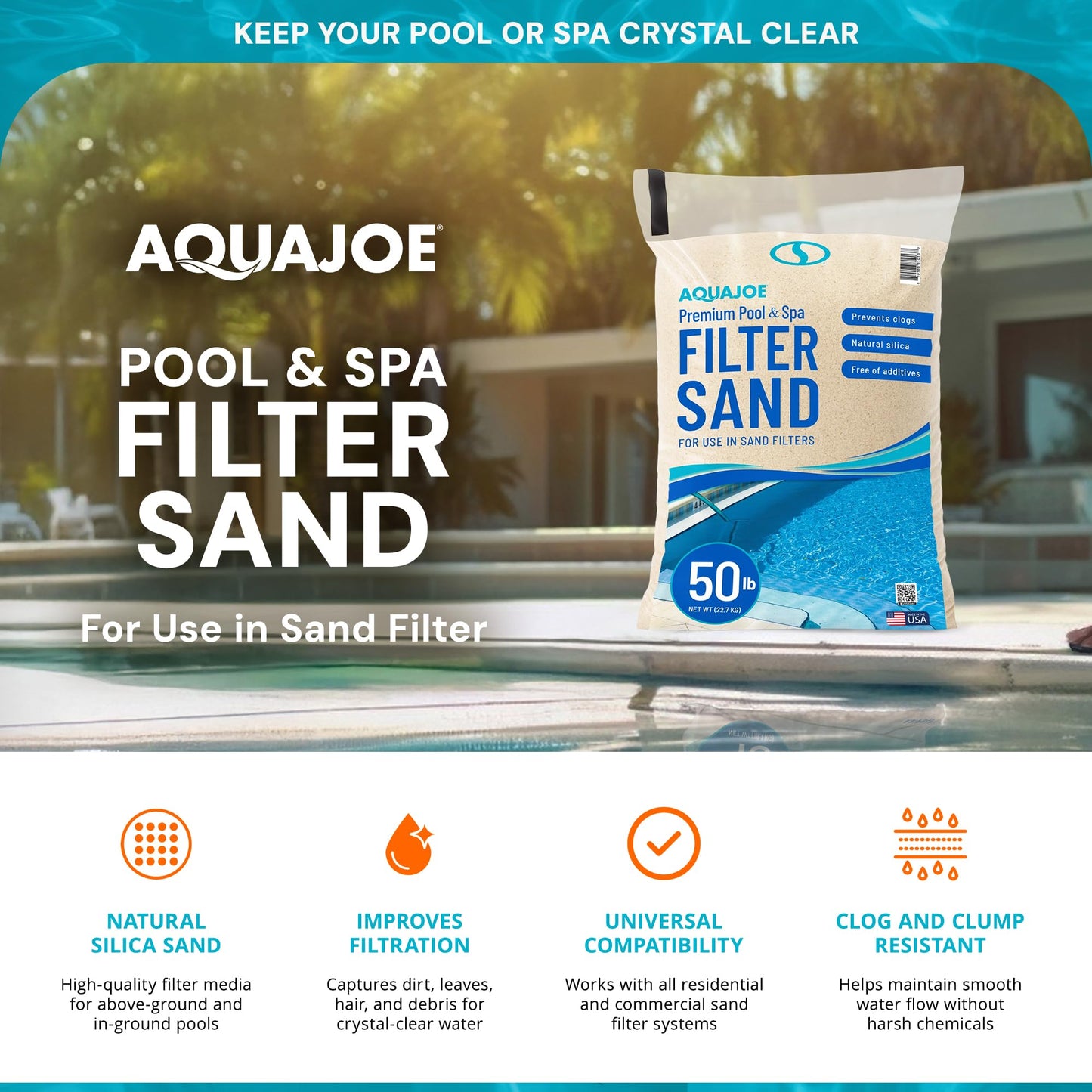 Aqua Joe Premium Pool and Spa Filter Sand, Natural Silica, 50 Lb Bag - Above Ground and Inground Swimming Pool System Accessory for Care, Cleaning, and Maintenance, FLTSAND50