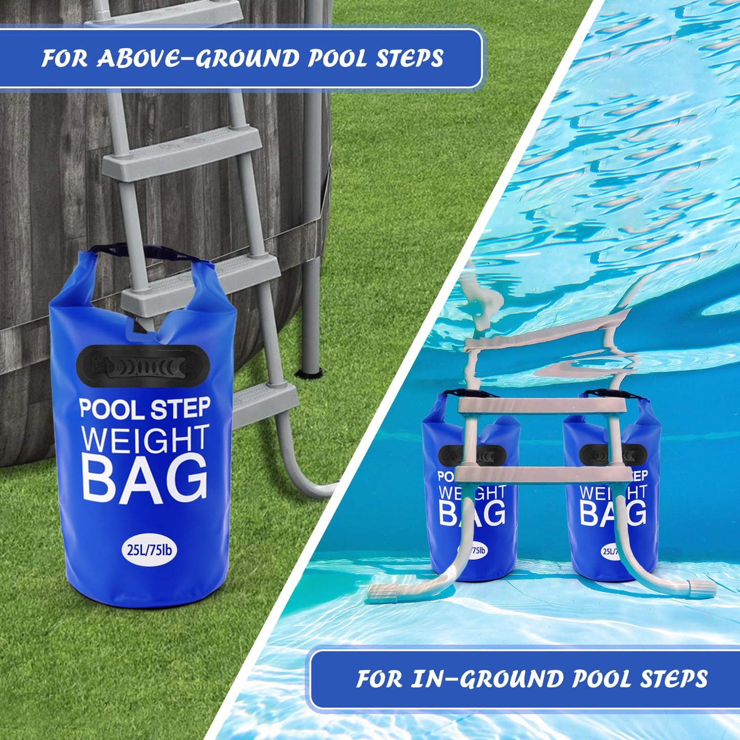 2 Pack 25L/75lb Universal Pool Step Weights 500D PVC Waterproof Swimming Pool Ladder Weights No Breaken Above Ground Pool Ladder Sand Bags, Foldable Pool Stair Weights for Pool Steps(Blue)