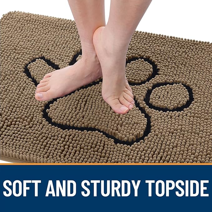 OLANLY Dog Door Mat for Muddy Paws 24x16, Paw Print Design, Absorbs Moisture and Dirt, Absorbent Non-Slip Washable Doormat, Quick Dry Chenille Mud Mat for Dogs, Entry Indoor Entryway Carpet, Tan