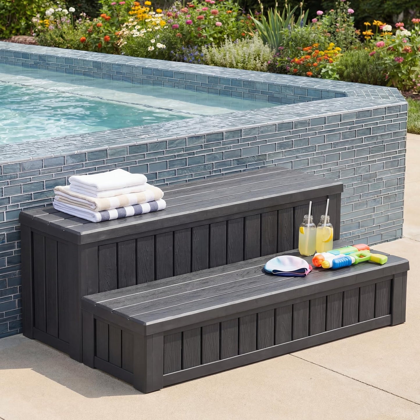 36.6” Hot Tub Steps with Storage, 780 lbs Load Capacity Heavy Duty Outdoor Spa Steps with No-Screw Snap Assembly, Non-Slip Universal Hot Tub Stairs for Spa, Pool, Patio, RV, Porch & Indoor Use, Black