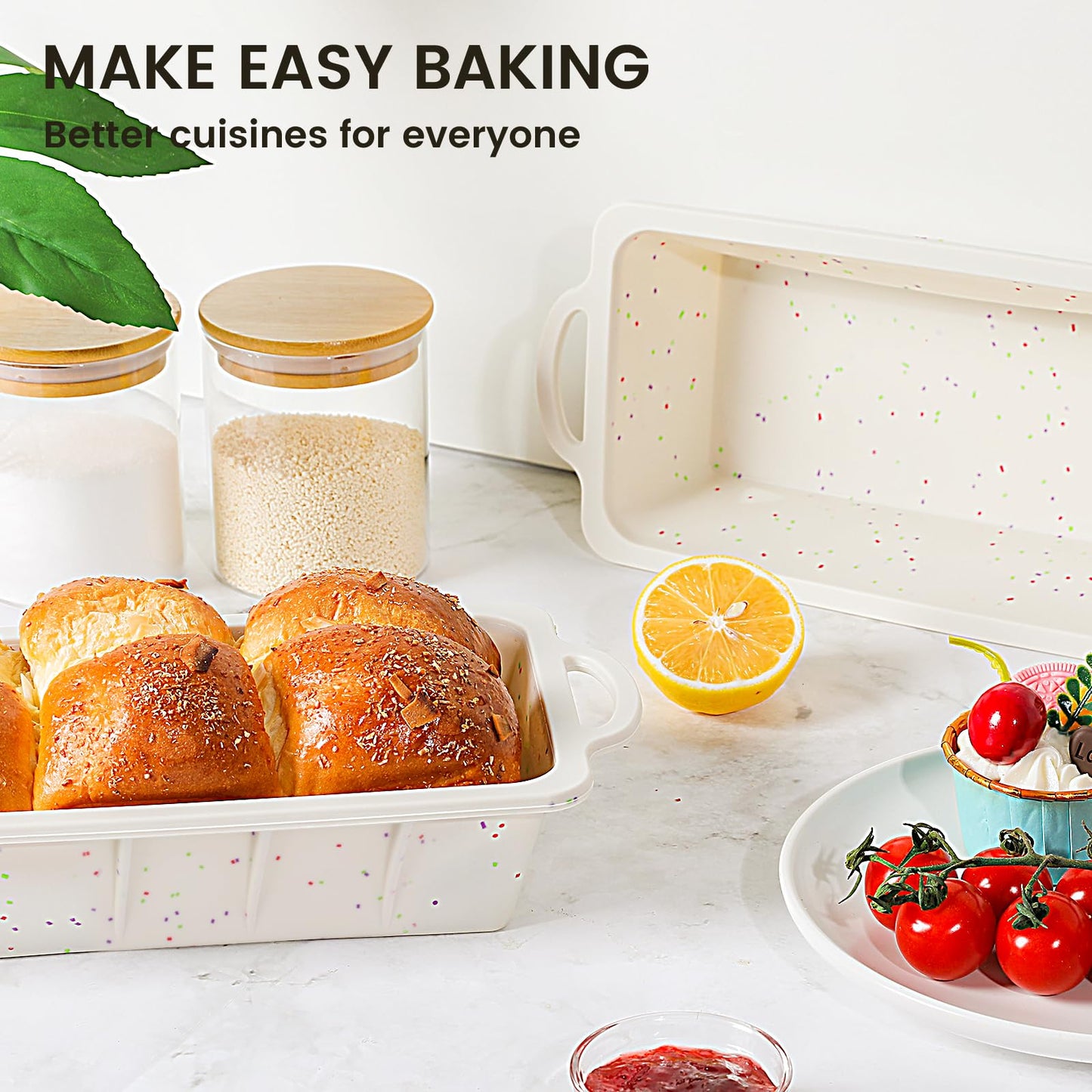 Vinino Silicone Bread Loaf Pan with Metal Reinforced Frame, 9.5 x 5 in Non-stick Silicone 1 lb Loaf Pan for Baking, 2 Pack Durable Bread Pan for Oven Dishwasher Safe - Cream
