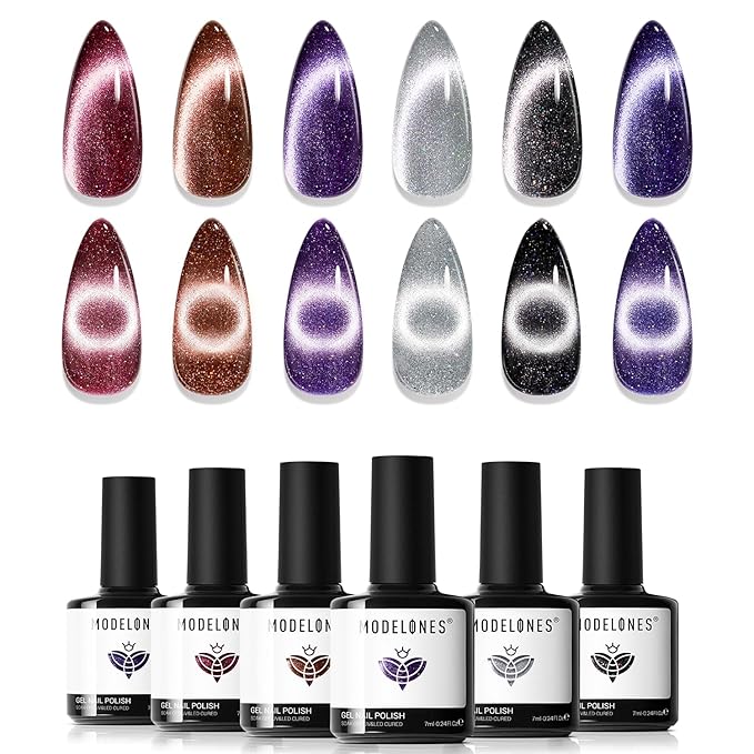 modelones Cat Eye Gel Nail Polish Set, 6 Colors Winter 9D Glassy Cat Eye Glitter Gel Polish Black Red Purple Blue Silver Brown Nail Polish with Magnet Soak Off LED DIY Salon Gift