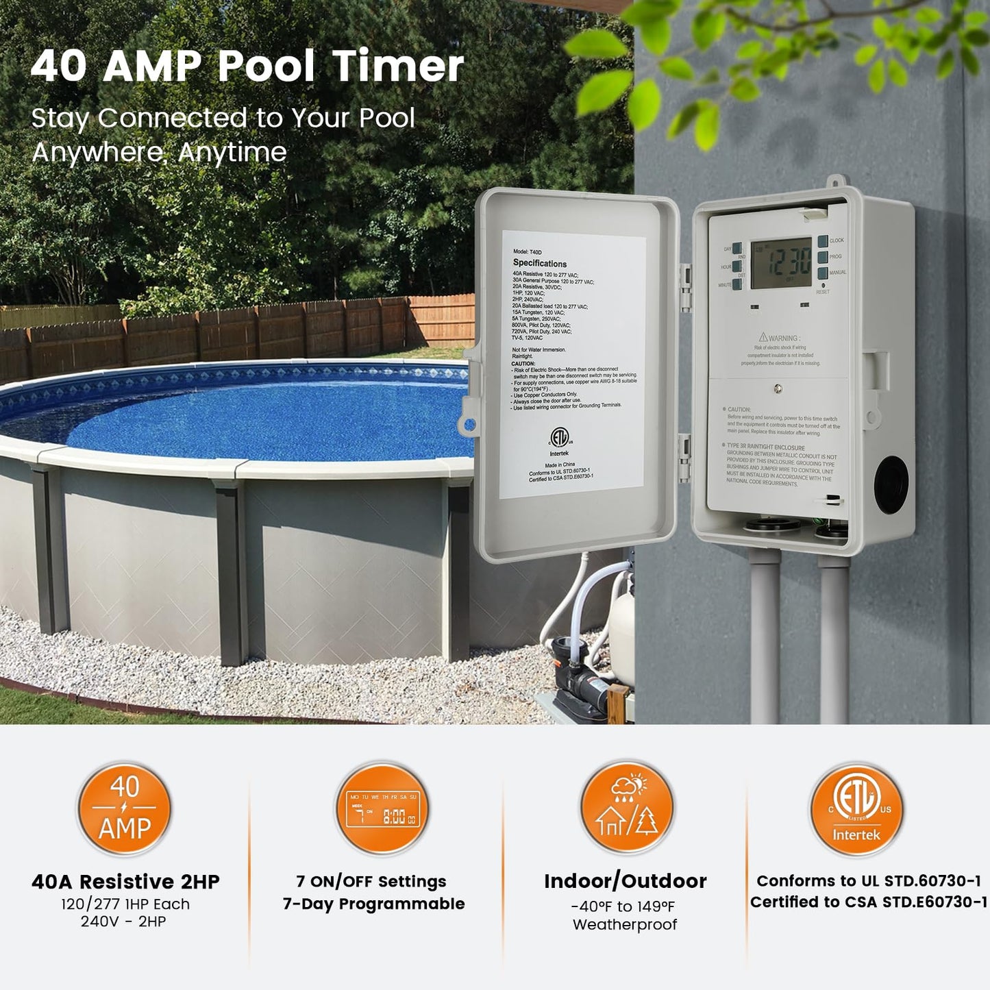 SURAIELEC Pool Timer, 7-Day Digital Pump Timer Switch, 40 AMP Heavy Duty, 120/240/277 VAC, 2HP Programmable Switch Box for Swimming Pool, Hot Water Heater, Lights, Outdoor/Indoor Use