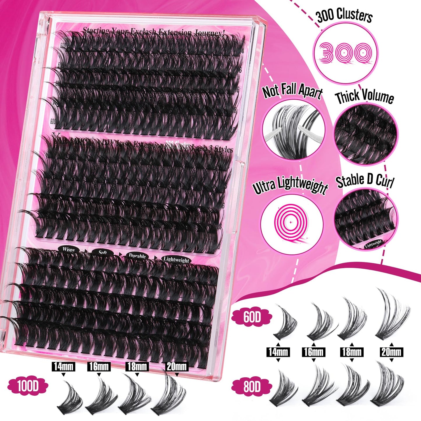 Yawamica Faux Mink Eyelash Extensions Kit, 300pcs 60D+80D+100D Individual Clusters, Black, Cruelty Free, DIY Lash Beginners