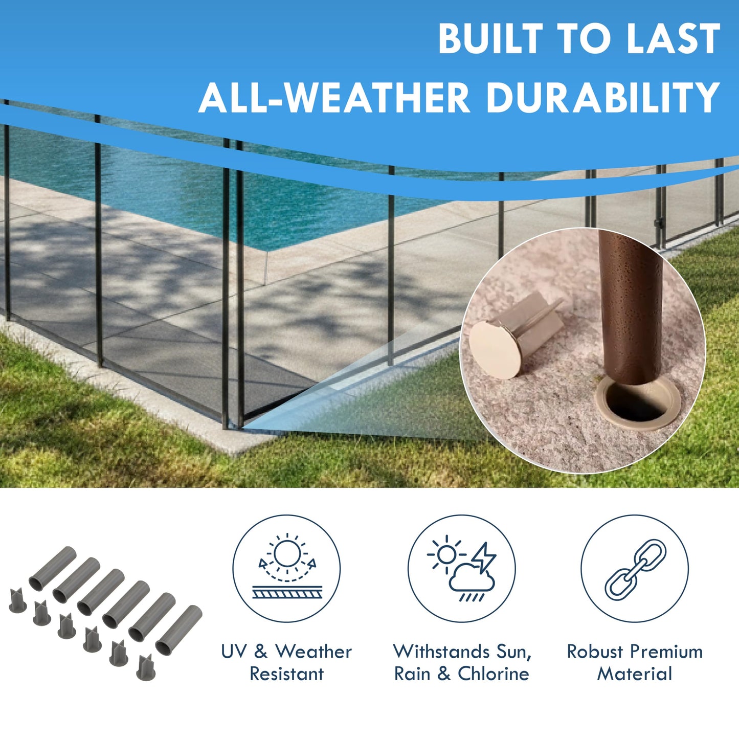 Pool Fence Deck Sleeves & Hole Caps - Putty 6 Pack - 1 Inch Pole Fencing, Inserts with Plugs, Universal Fit for DIY Safety Fence,