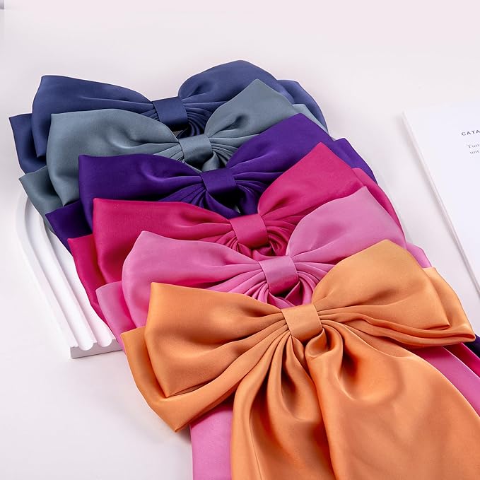 6Pcs Large Bows Hair Clips for Women Girls Long Tail Hair Ribbon Silky Satin Barrettes Coquette Hair Bows Accessories (Pink/Deepblue/Purple/Orange/Hot Pink)