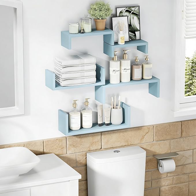 SRIWATANA Floating Shelves for Wall, Wall Shelves for Bathroom, Bedroom, Living Room, Kitchen, Office, Wood Shelves for Wall Decor Set of 5 (Blue)