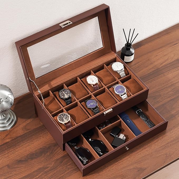 ProCase Watch Box, 12 Slot Mens Watch Case With Drawer, 2-Layer Watch Display Case With Glass Lid, Mens Jewelry Box Storage Holder Organizer, Birthday Valentine Gifts for Men -12Slot, Espresso
