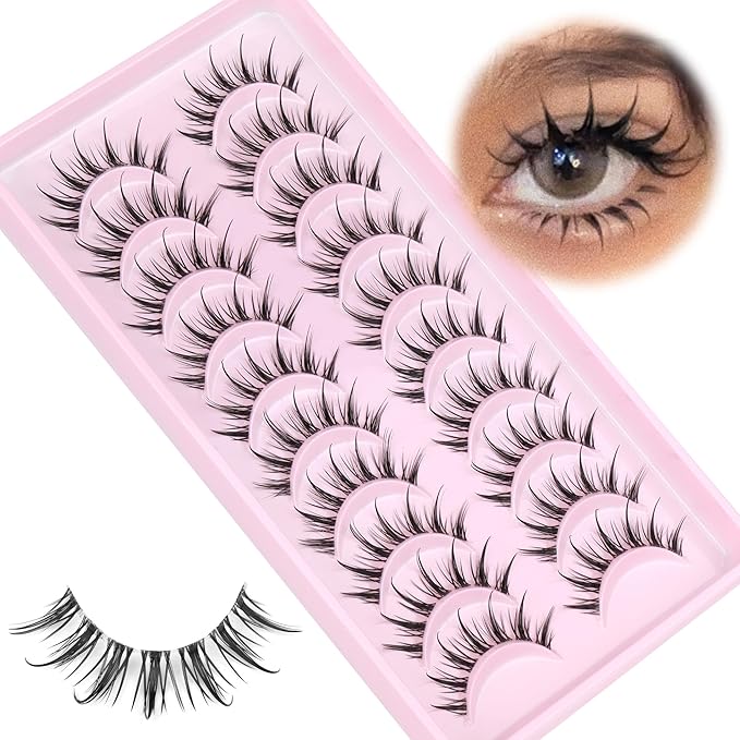 Manga Lashes Wispy Natural Look False Eyelashes Spiky Eyelashes Anime Fake Eyelashes Strip 3D Doll Lashes False Eye Lashes with Invisible Lash Band 10 Pairs