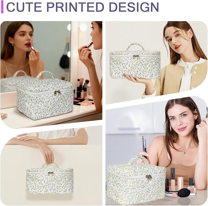Gosect 1pc Large Makeup Bag, Cute Cosmetic Bag for Women Girls, Floral Coquette Aesthetic Toiletry Bag, Travel Make Up Organizer Bag (Purple Floral Print