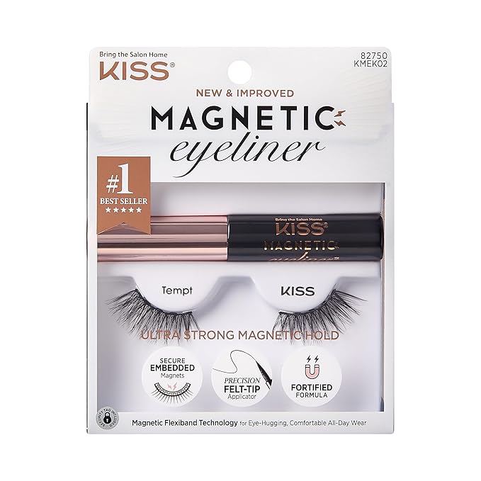 KISS Magnetic False Eyelashes and Eyeliner, Ã¢ÂÂTemptÃ¢ÂÂ, 14mm, Easy to Apply, Reusable, No Glue, Flexiband Technology, Precision Felt Tip, Fortified Formula, 1 Pair Strip Lashes