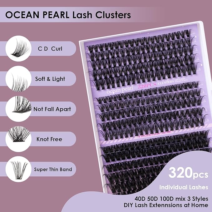 Ocean Pearl Lash Clusters 320PCS Thick Individual Lashes 11-20MM 40D 50D 100D DIY Lash Extension Soft Eyelashes Thick Volume Fake Lashes Cluster Eyelash Extensions For Beginners-40+50+100D