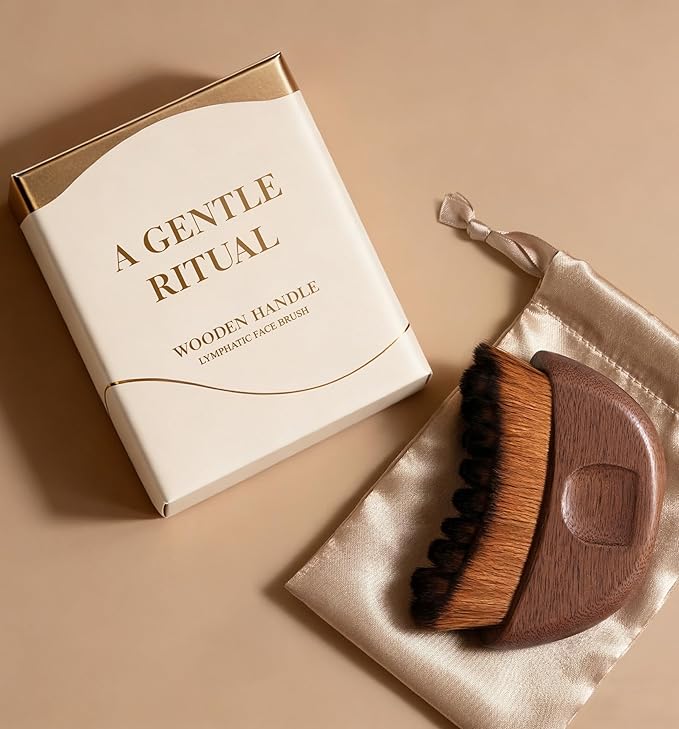 2PCS Lymphatic Contour Face Brush-Wooden Handle Facial Sculpting Brush-Dry Gua Sha Brushes for Face-Lift Facial Brushes for Lymphatic drainage Depuff Puffiness Brushes Walnut