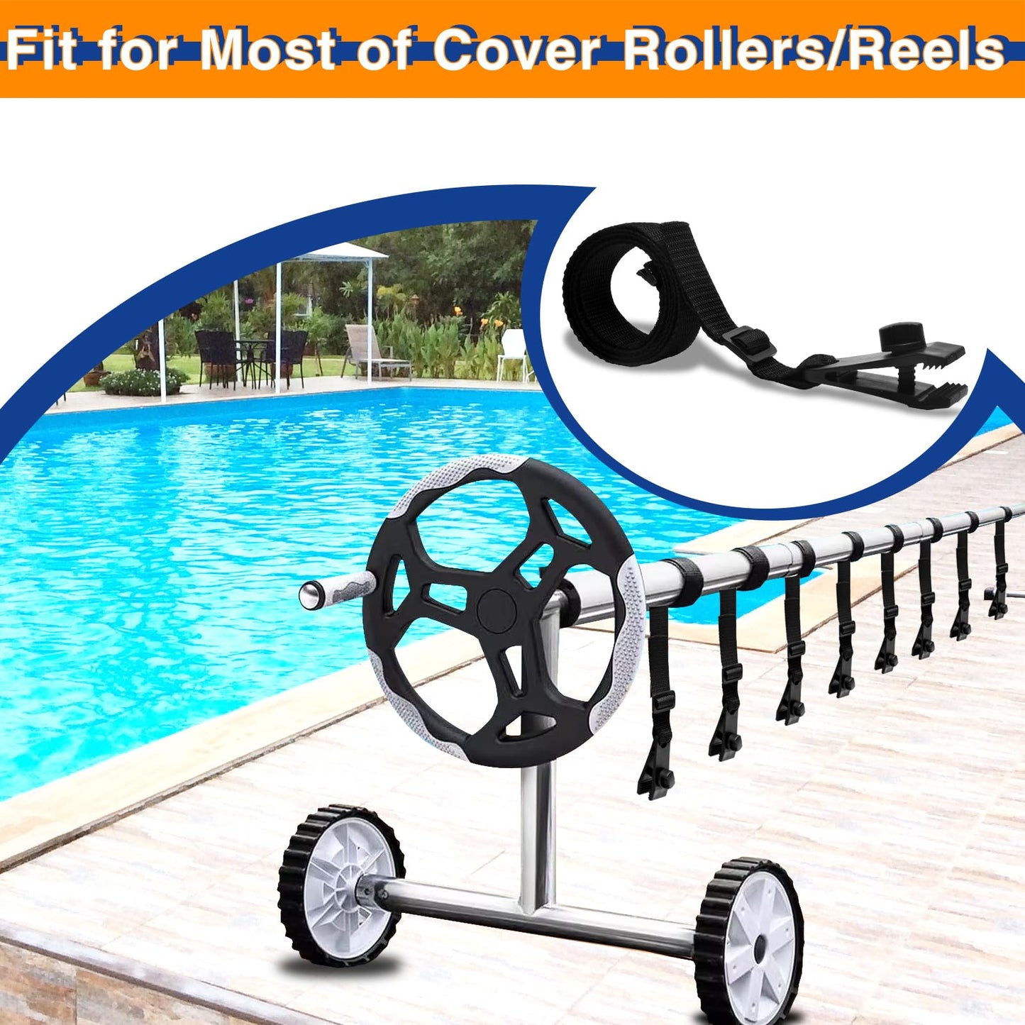 24 Pcs Pool Solar Cover Reel Attachment Kit, Solar Cover Reel Blanket Straps and Clips for Universal Inground Swimming Pool - Including 8 Adhesive Nylon Straps & Tabs, 8 Cord Plates, 8 Buckles