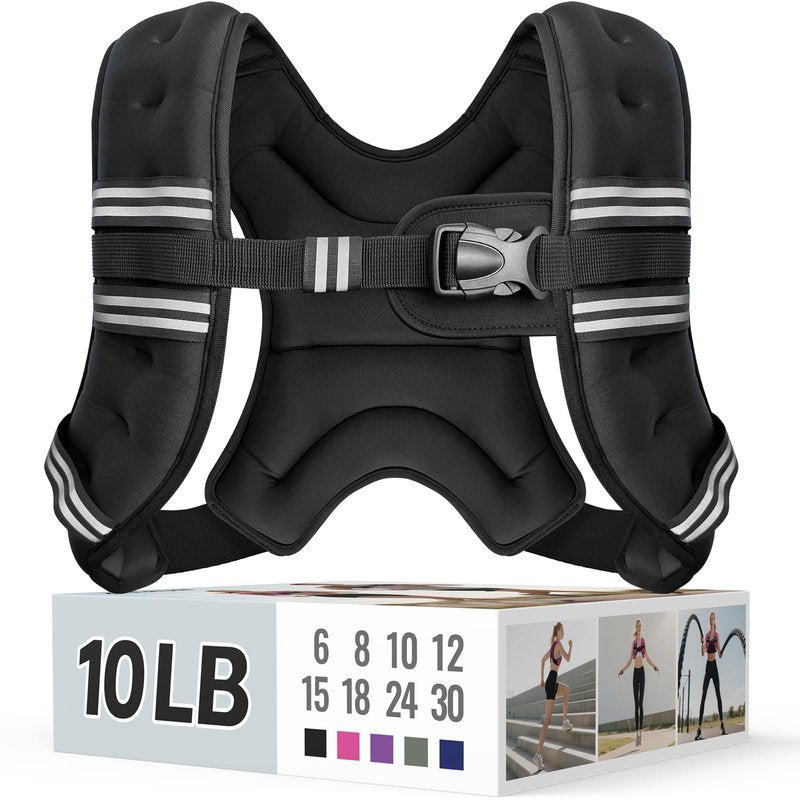 Zeerun Weighted Vest, 6lb/8lb/10lb/12lb/15lb/18lb/20lb/24lb/30lb for Men Women, Reflective Stripe Adjustable Buckle, Comfortable Durable Rucking Vest for Walking Running Strength Training, 10LBS-Black