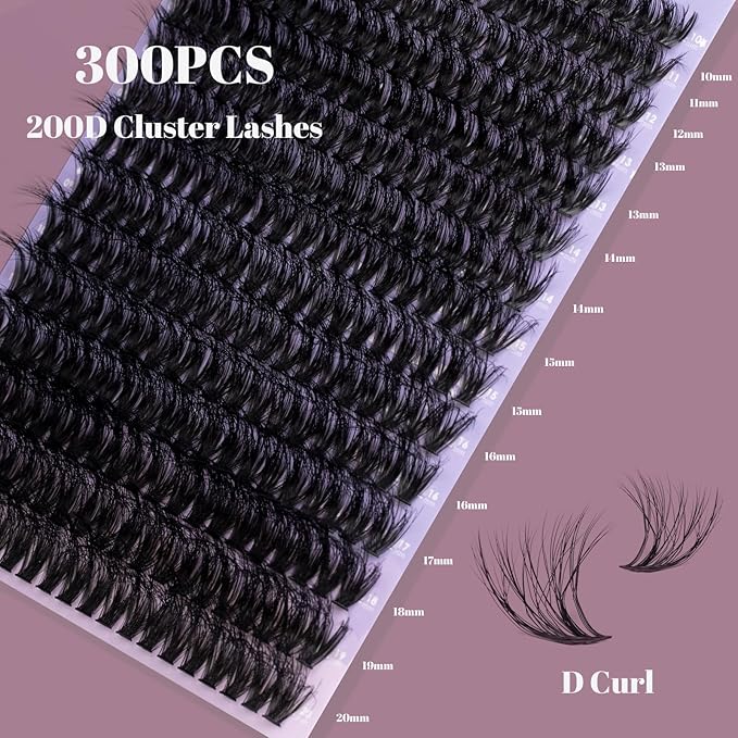 Ocean Pearl Lash Clusters 10-20mm 200D 300PCS Lashes DIY Lash Clusters Kit Individual Lashes Cluster Eyelash Extensions Natural Eyelashes DIY Eyelash Extension Kit with Bond+Seal+Remover+Tweezer-200D