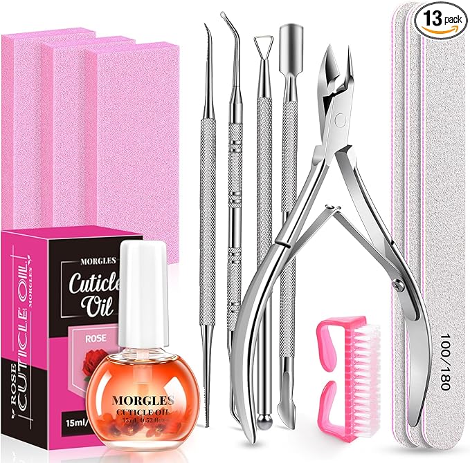MORGLES Cuticle Remover Kit, 100/180 Nail File and Nail Buffer Blocks, 1 Pcs Rose Cuticle Oil and Professional Pedicure Manicure Tools, Nipper Cutter for Fingernails and Toenails