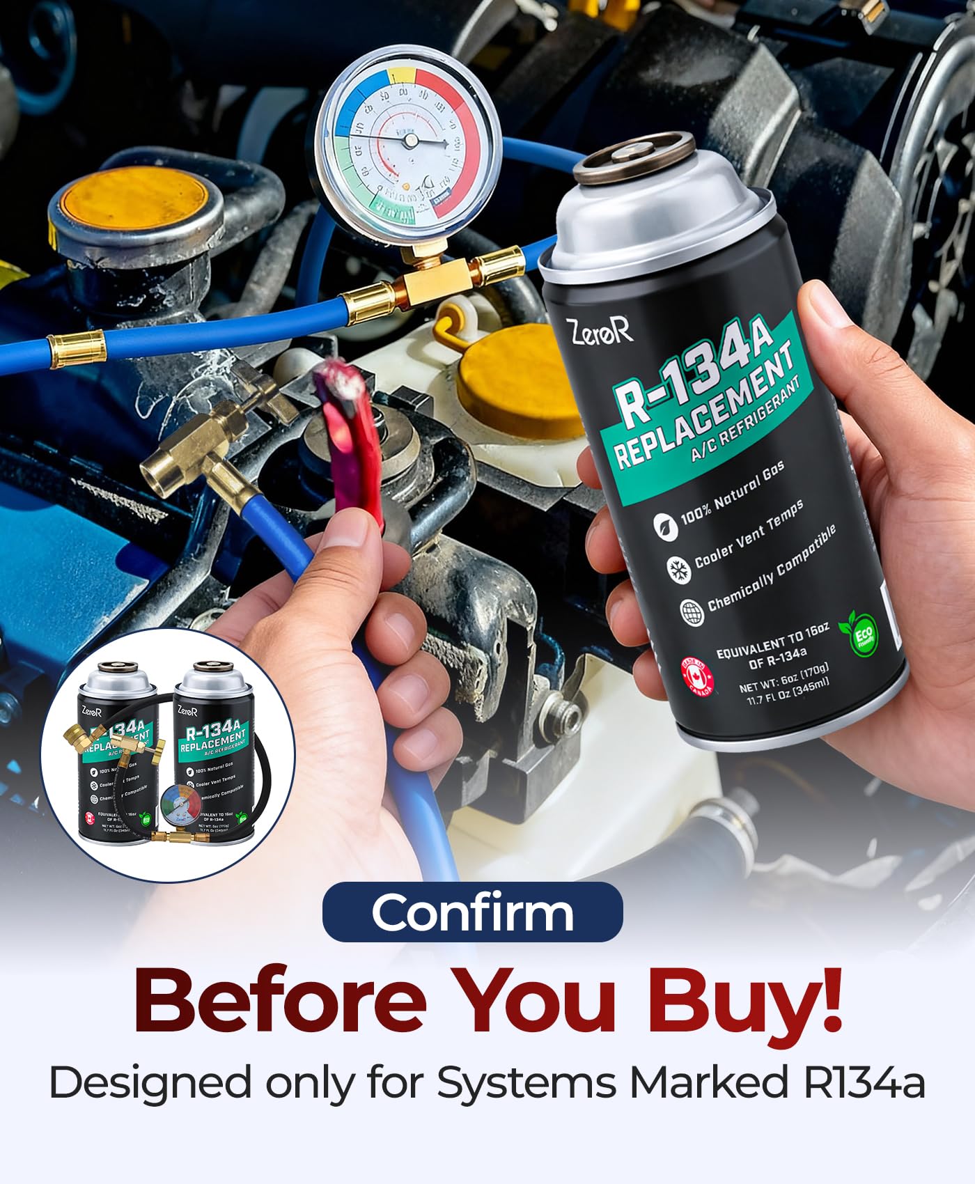 ZeroR AC Refrigerant Recharge Kit | R134a Replacement | Tool for Cans with SSV (6)