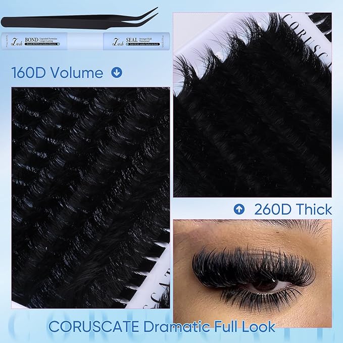 CORUSCATE Lash Clusters Kit 160D+260D Eyelash Clusters 12-24mm Long Lash Extension Kit thick Cluster Eyelash Extensions Volume Strip Mink Lashes Individual Dramatic Lash Kit with Lash Bond and Seal
