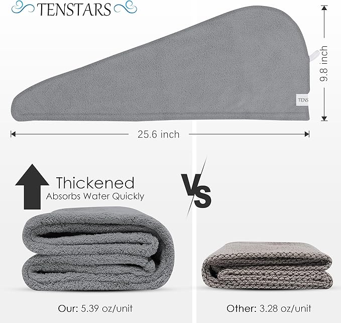 TENSTARS 5 Pack Thicken Microfiber Hair Towel Wrap for Women - Elastic Loop Design - 320GSM Coral Velvet - Quick Dry Hair Turban - 11x28 Inch (Cream+White+Brown+Light Teal+Grey)