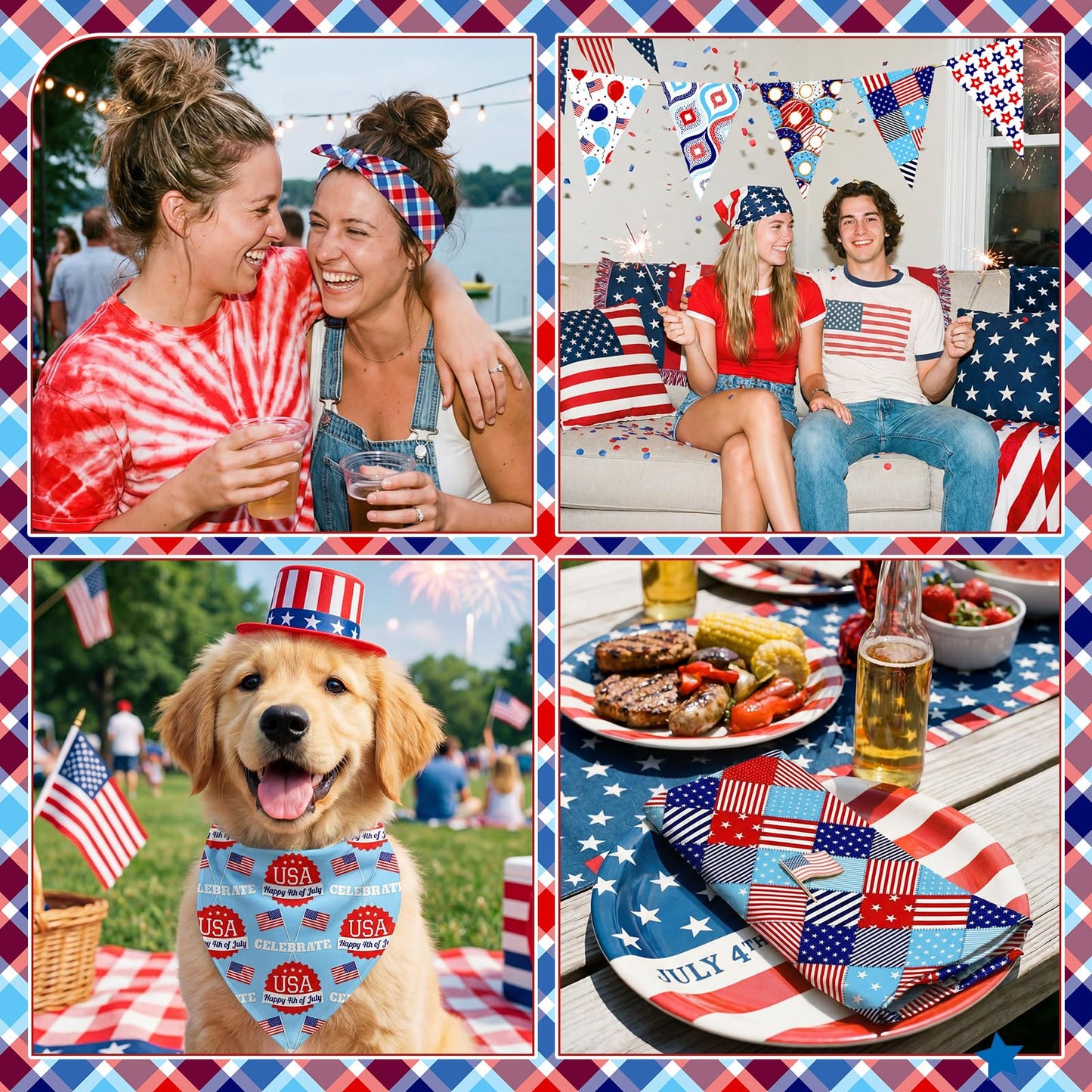 Ganeen 60 Pcs 10 x 10 Inch Red White Blue Quilting Fabric Squares 4th of July Fabric Bundle Patriotic American Flag USA Fat Patchwork Precut Strips for Memorial Day Handmade Material Sewing DIY Craft