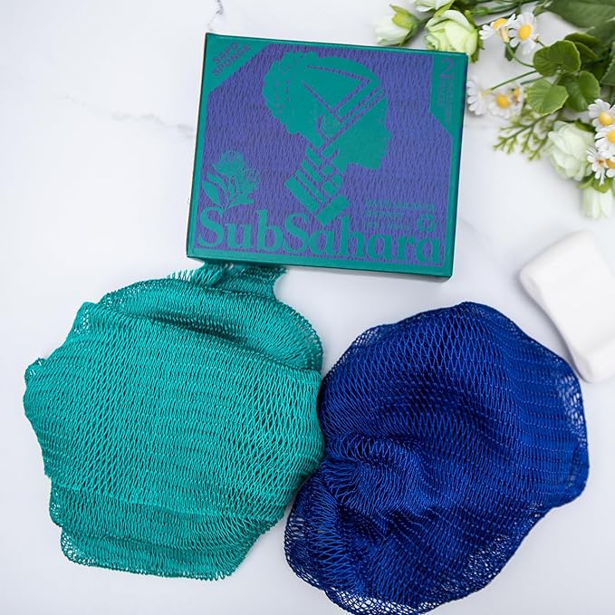 SubSahara Authentic African Net Sponge - 2 Pack Exfoliating Bath & Shower Loofah Sponge for Body & Face, Gentle Scrubber for All Skin Types, Travel, Durable (Dark Blue & Forest Green)