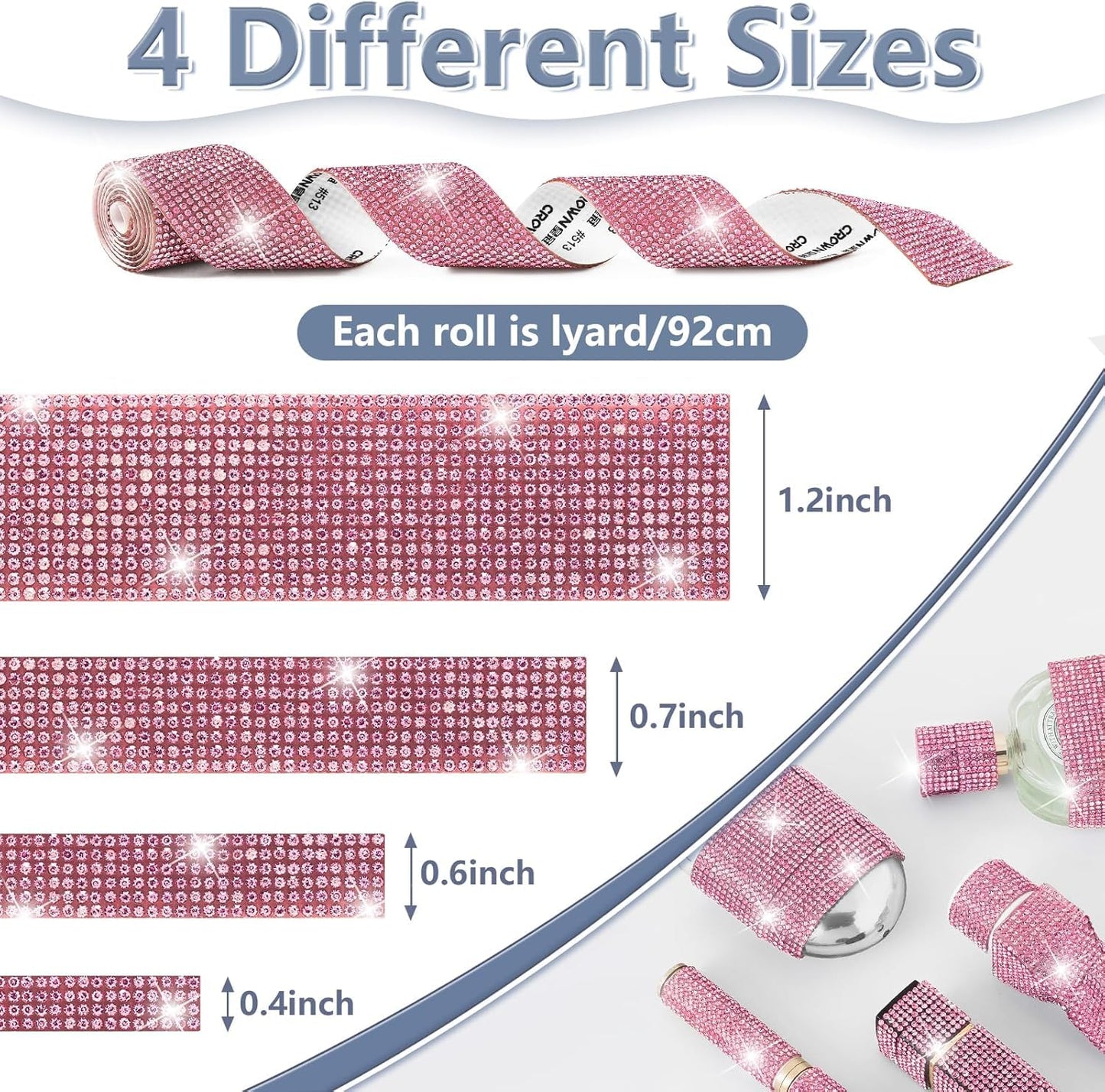 LYXMYGS Rhinestone Ribbon Self Adhesive, 8-Yard Bedazzling Strips, 8-Rolls Rhinestone Strips for DIY Craft, Rhinestones for Crafting, Home Decor and Special Events, 4/6/8/14 Rows Light Pink Crystal