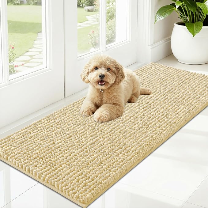 OLANLY Dog Door Mat for Muddy Paws 47x20, Ultra Absorbent Chenille Mud Doormat, Non-Slip Washable and Dirt Trapping Doormat for Indoor Entryway, Quick-Dry Indoor Pet Bed Mats for Dogs, Sand