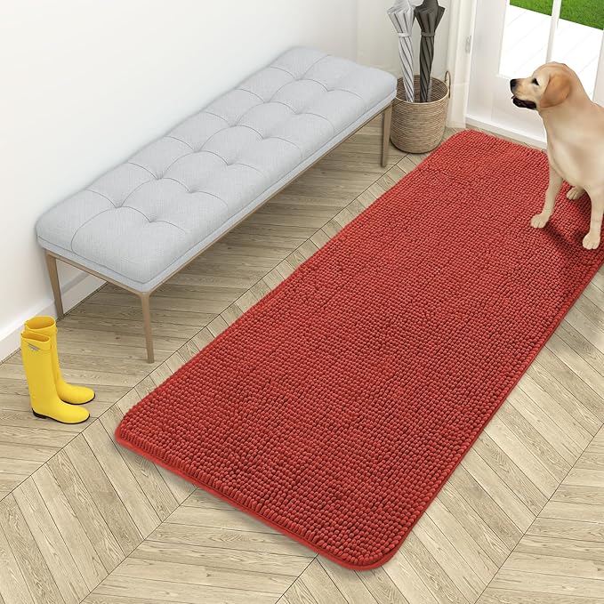 OLANLY Dog Door Mat for Muddy Paws 54x24, Absorbs Moisture and Dirt, Absorbent Non-Slip Washable Doormat, Quick Dry Chenille Mud Mat for Dogs, Entry Indoor Entryway Carpet for Inside Floor, Maple Red