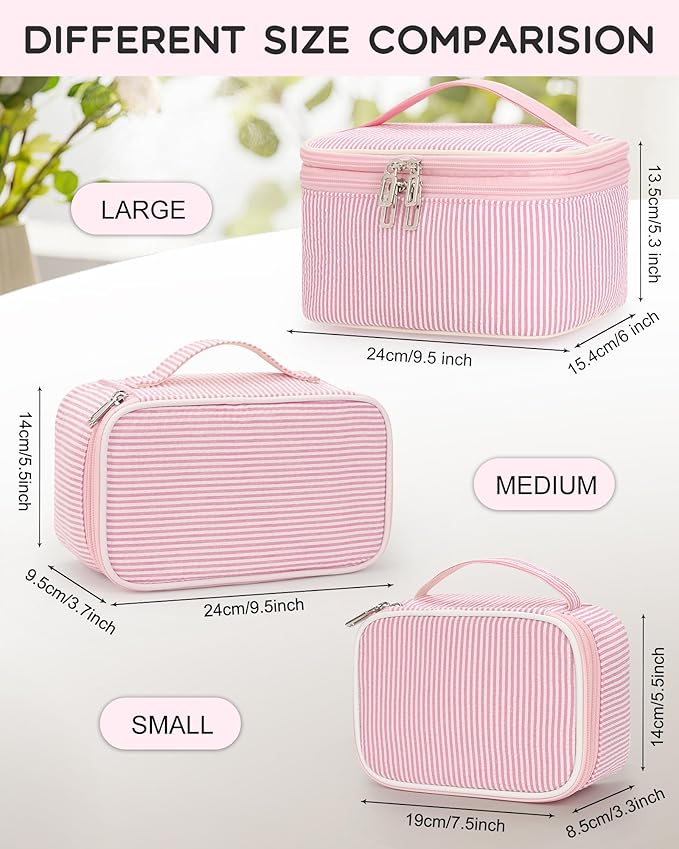 Relavel Travel Makeup Bag, Small Pink Cosmetic Bag with 2 Makeup Brush Holders, Portable Makeup Pouch for Women, Cute Toiletry Bag with Double Layer Organizer, Strip