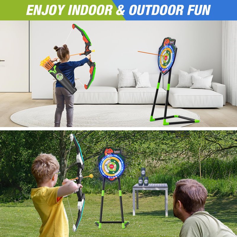 HYES 2 Pack Kids Bow and Arrow, LED Light Up Archery Set with 24 Suction Cup Arrows, Indoor Outdoor Sport Dinosaur Toys Gifts for 3 4 5 6 7 8 9 10 11 12 Year Old Boys Girls