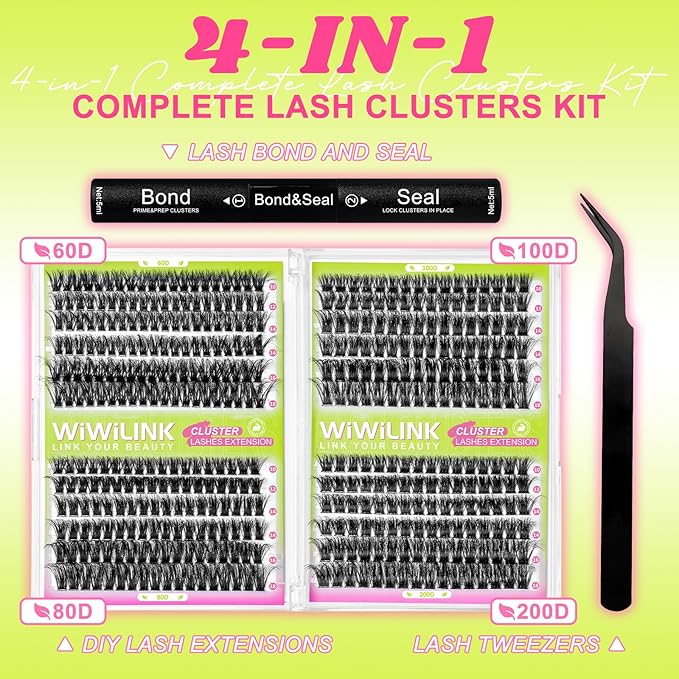Lash Extension Kit 60D+80D+100D+200D Individual Lash Clusters 424PCS D Curl 10-18mm Volume Cluster Eyelash Extensions Kit with Lash Bond & Seal and Applicator for DIY Eyelashes Beginners