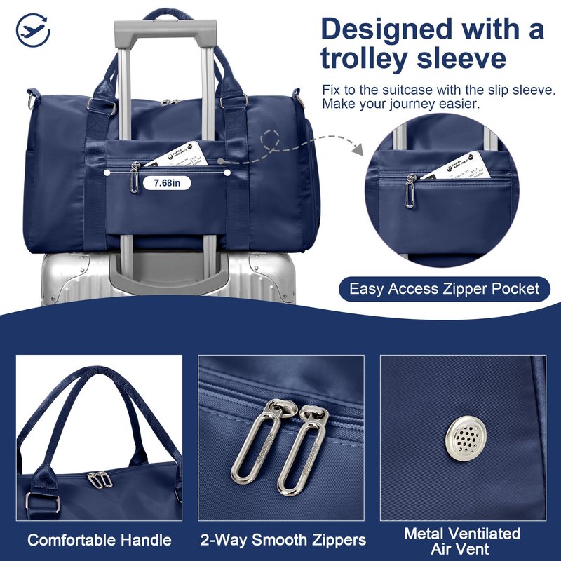 FIORETTO Womens Gym Tote Duffle Bag with Toiletry Bag, Sports Duffel Overnight Hospital Workout Carry on Bag for Girls with Wet Pocket & Shoe Compartment, Ideal for Travel, Swimming, Dance Navy Blue