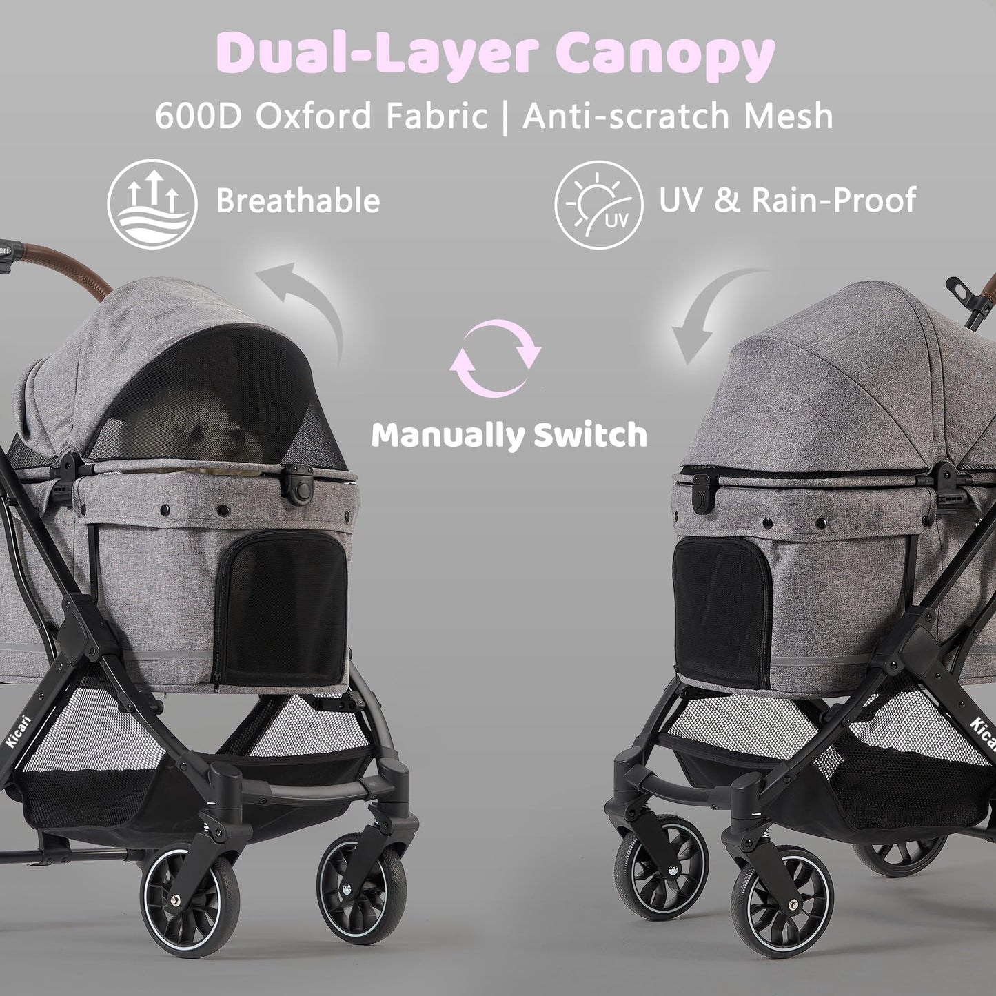 Kicari All-Terrain Dog Stroller for Small to Medium Dogs, Pet Stroller for Dogs & Cats Outdoor Walks, One-Hand Easy Fold, Double-Layer Anti-UV & Waterproof Canopy & Breathable Mesh, Charcoal Gray