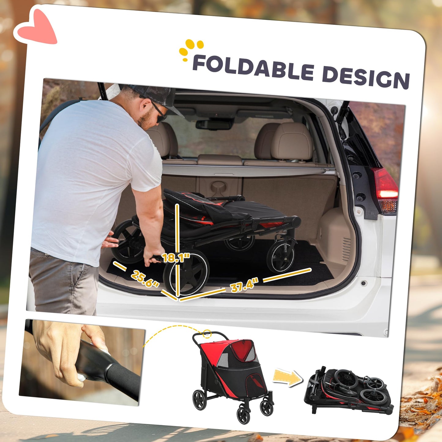 PawHut Dog Stroller for Large Medium Small Dogs up to 66 Lbs. 23.5" in Body Length, One-Click Foldable Pet Cat Stroller with Storage, Shock Absorption Wheels, Mesh Window, Safety Leash, Red