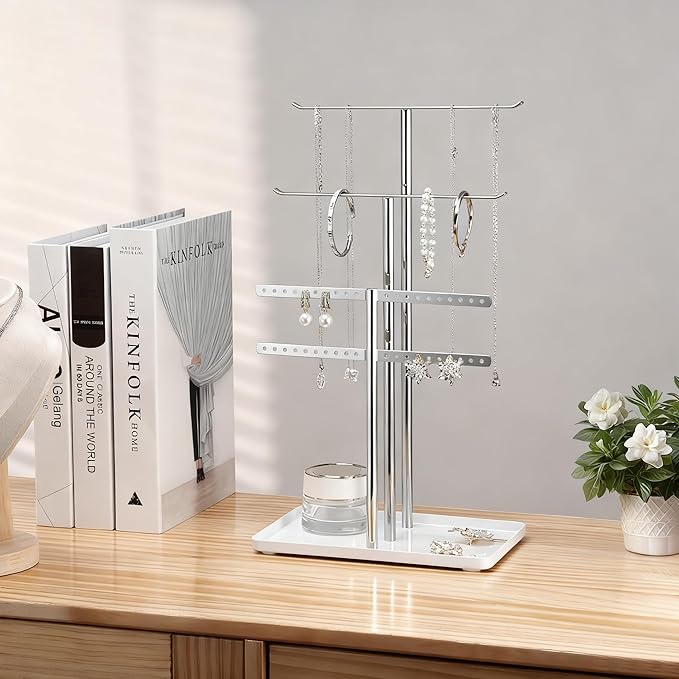 pickpiff Silver Jewelry Stand Holder Organizer: 14.5" Sturdy Hanger for 80 Pcs Jewelry, Jewlery Tower for Display Necklace, Earring, Bracelet, Watch