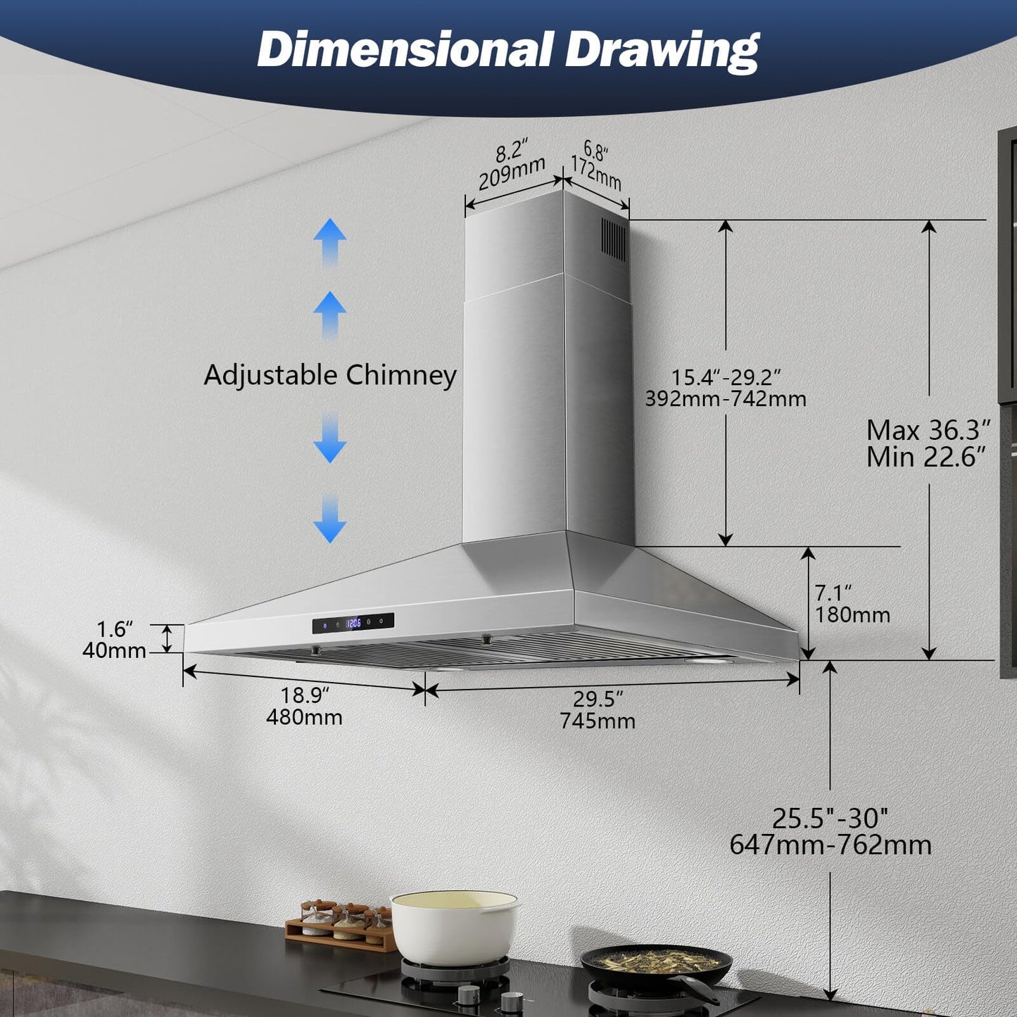 SNDOAS Range Hood 30 inches,Stainless Steel Wall Mount Range Hood,Vent Hood 30 inch w/Touch Control,Ducted/Ductless Convertible,Chimney-Style Over Stove Vent Hood,Kitchen Hood,Baffle Filters